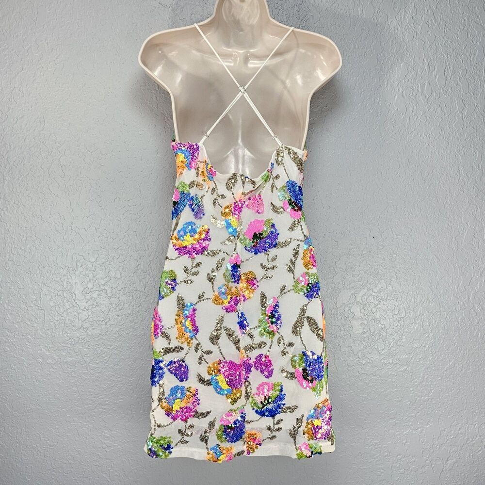 Lucy In The Sky Small Mesh Multi Sequin Floral Mini Dress Festival Y2K Disco S - Picture 2 of 6